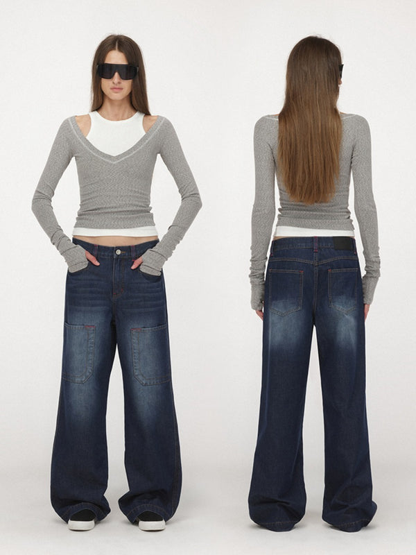 Dark Blue and Red-stitched Straight-leg Jeans