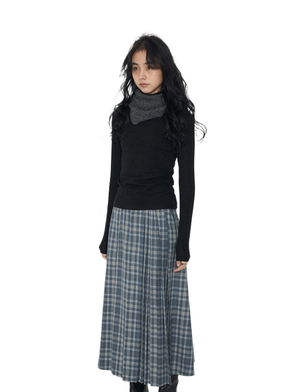 Pleated Plaid Wool Skirt