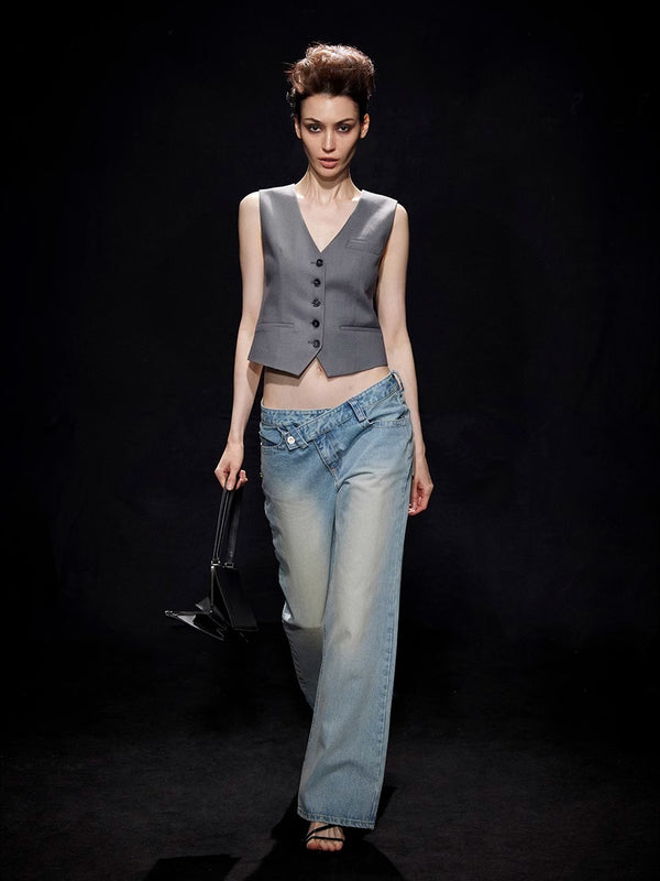 Asymmetric Waist Washed Jeans