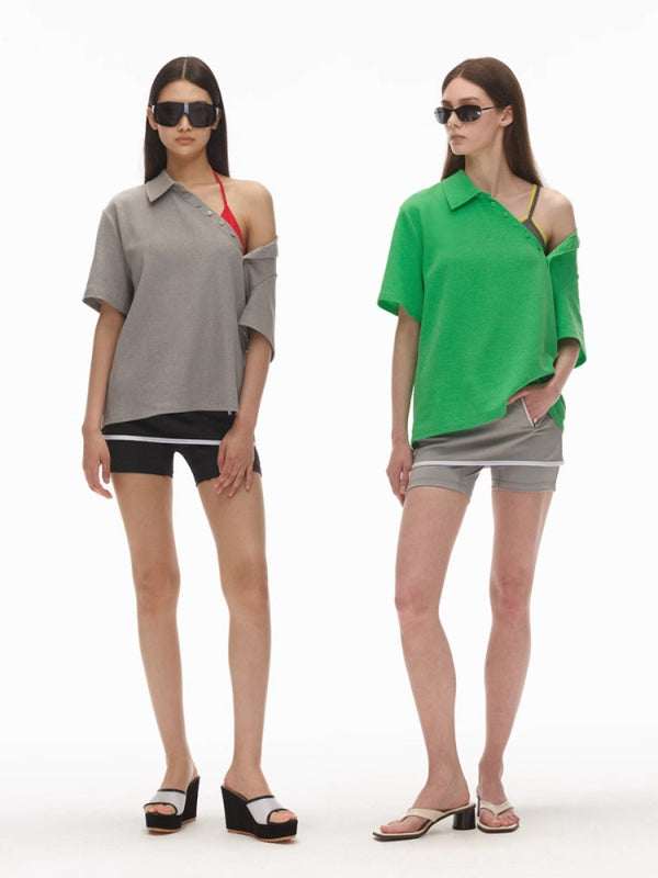 Asymmetric Polo Collar Washed Cotton Short Sleeve Tee