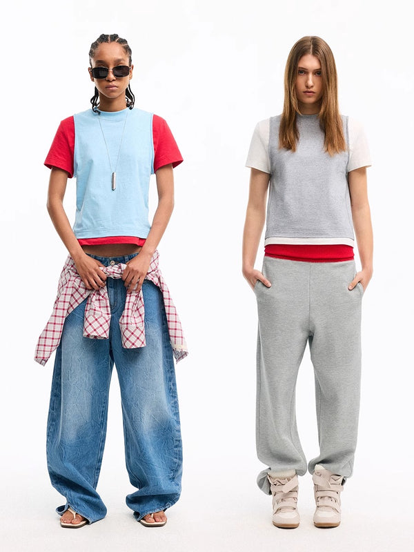 Contrast Color Fake Two-piece Crew Neck T-Shirt