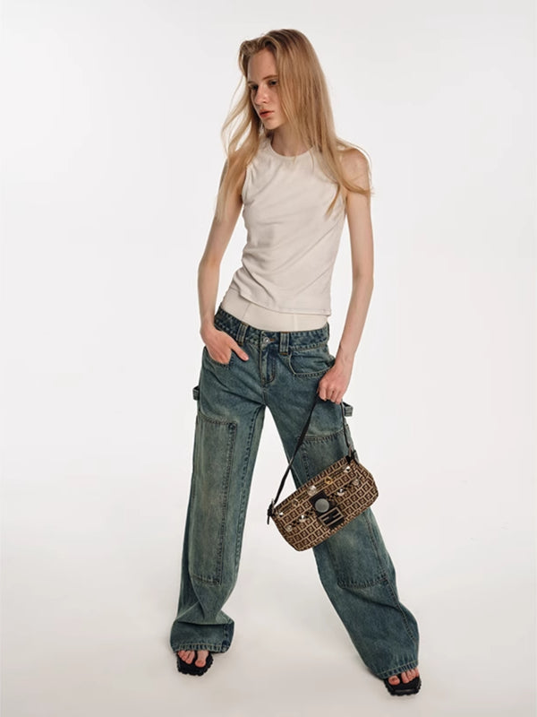 Low-waist Retro Washed Cargo Jeans