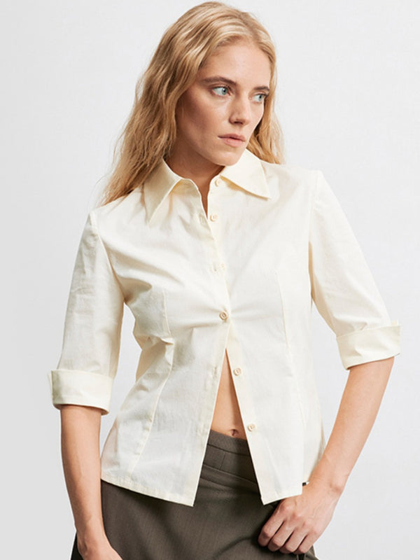 Seven-quarter Sleeve Cotton and Linen Short Shirt