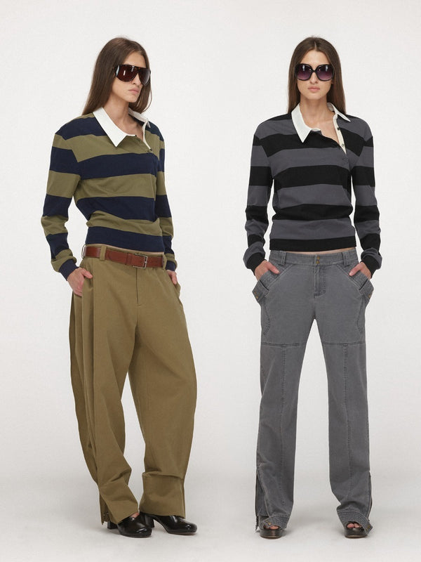 Striped Contrast Color Long-sleeved Polo Shirt