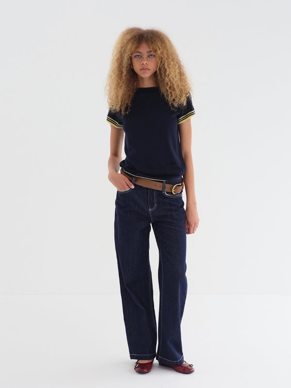 Retro Blue Contrast Color Stitching Mid-rise Straight-leg Jeans