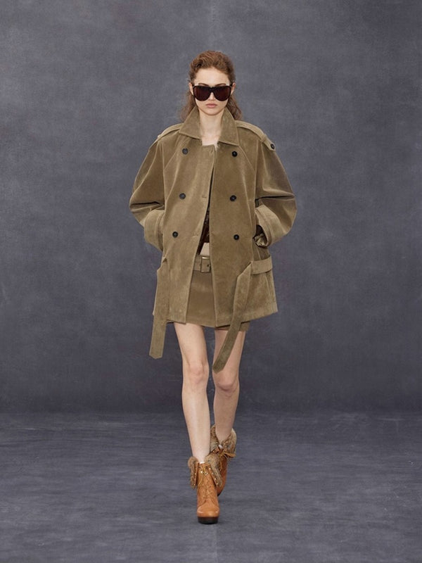 Lapel Curved Shoulder Short Suede Coat「NEW」