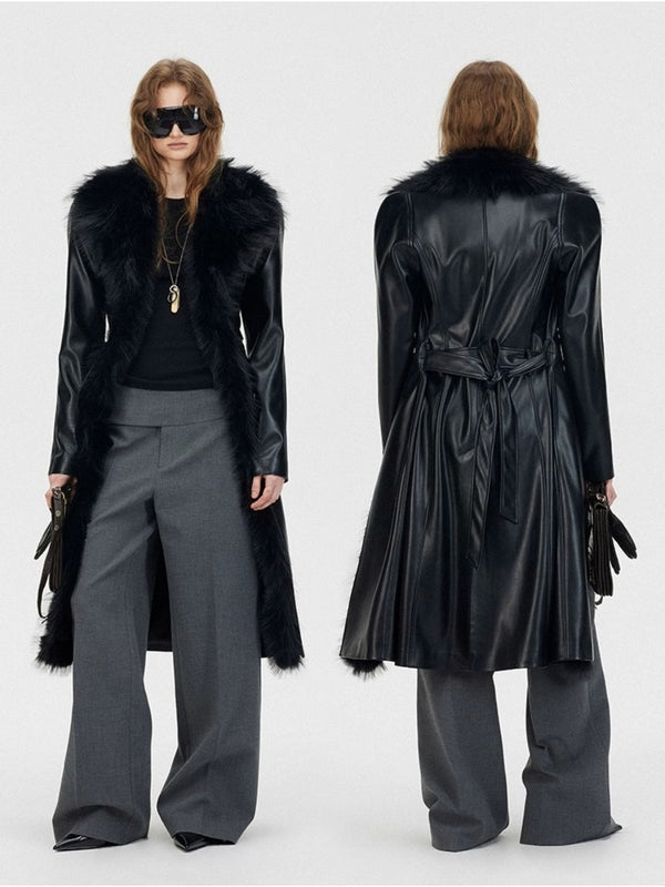 Waisted Eco-friendly Leather Trench Coat with Detachable Fur Collar「NEW」