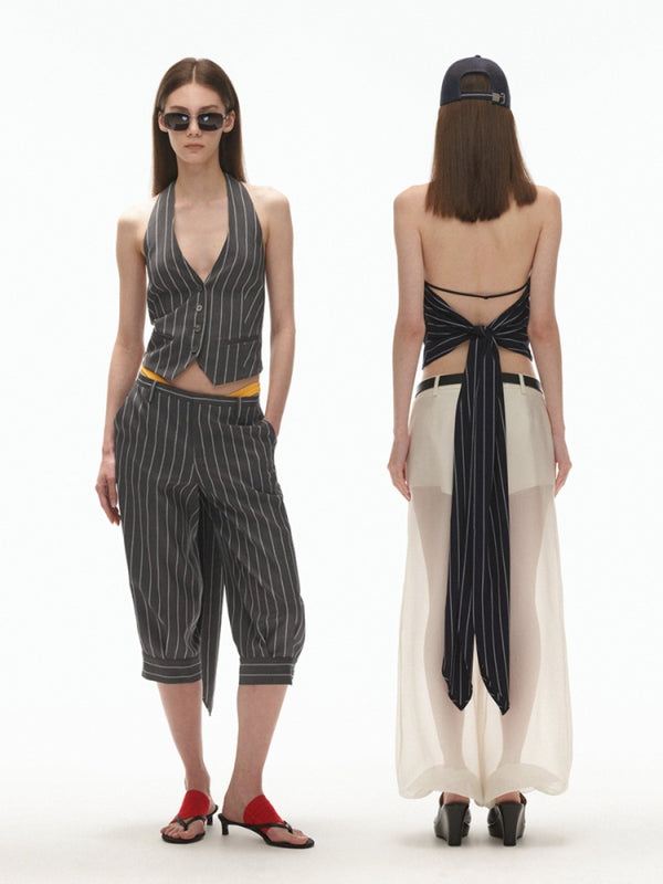 Striped Halter Backless Tie One-Shoulder Suit Vest