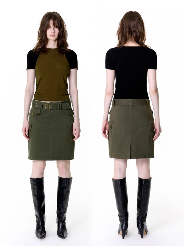 Cotton Army Green Denim Cargo Skirt