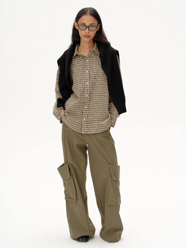 Khaki Brown Lapel Plaid Shirt「NEW」