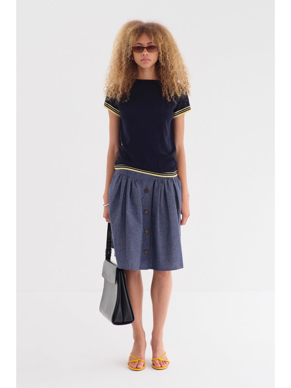 Retro Blue Linen Textured Skirt