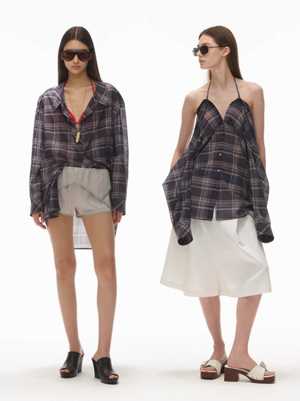 Multiway Halter Loose Fit Plaid Long Sleeve Shirt