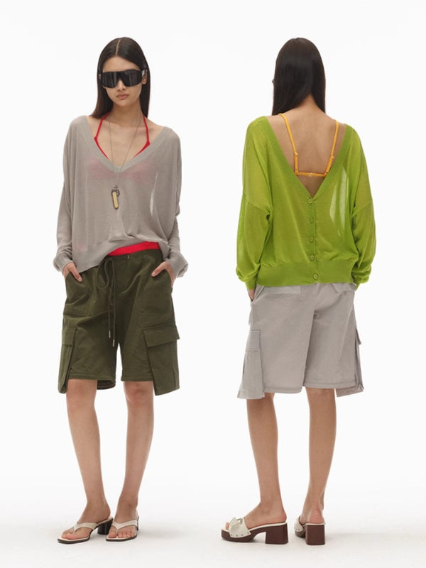 Reversible Silk Blend Sheer V Neck Knit Cardigan Top