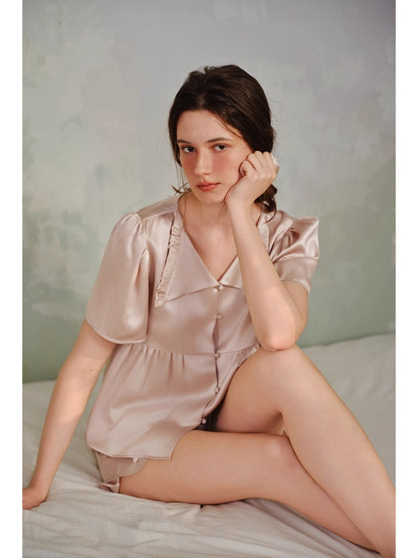 Pink Silk Short-sleeved Loungewear Set