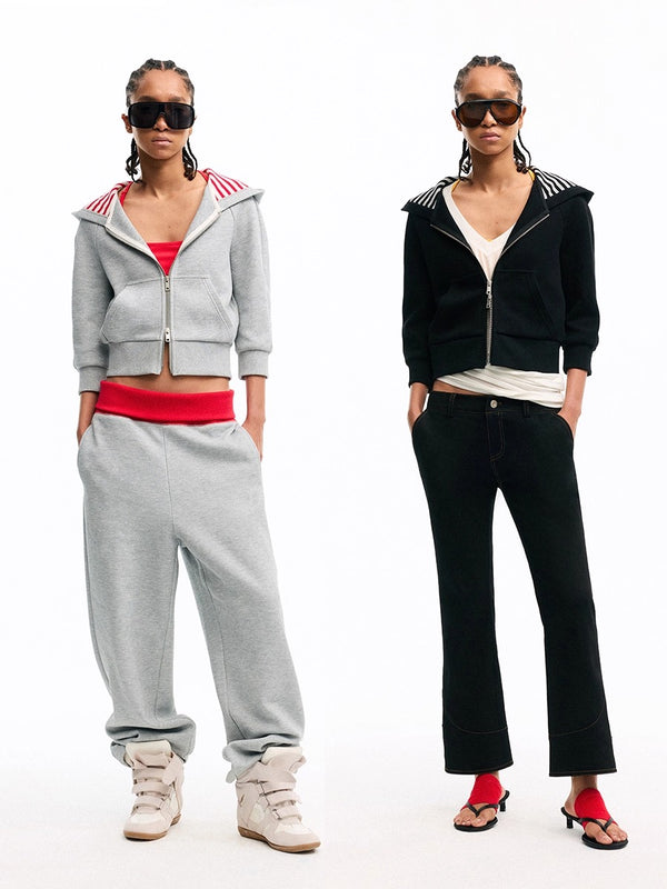 Curved Shoulder Hooded Zip-Up Sweatshirt