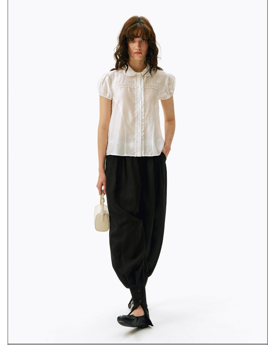 Cloudward Ruffled Collar Puff Sleeve Lyocell Linen Shirt