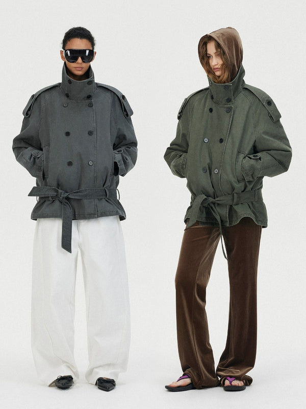Washed Stand Collar Cropped Padded Coat「NEW」