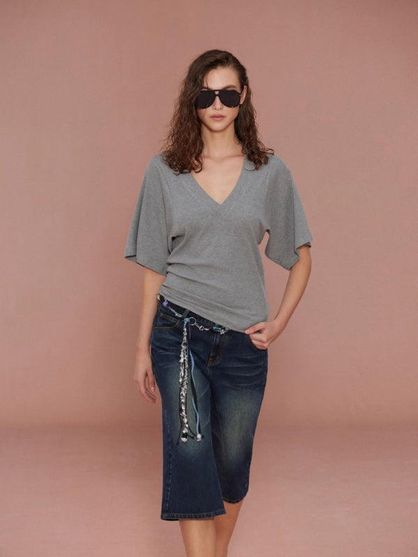 V-neck Waist Bat Sleeve T-shirt
