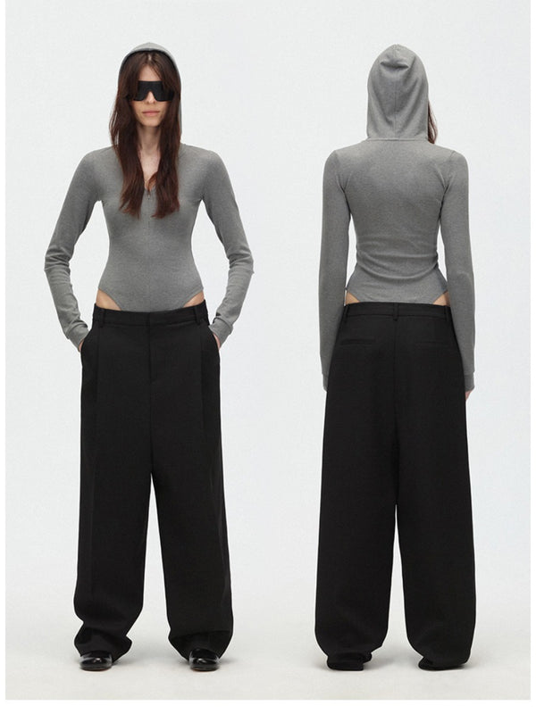 Pleated Drop Crotch Wide Leg Straight Suit Pants