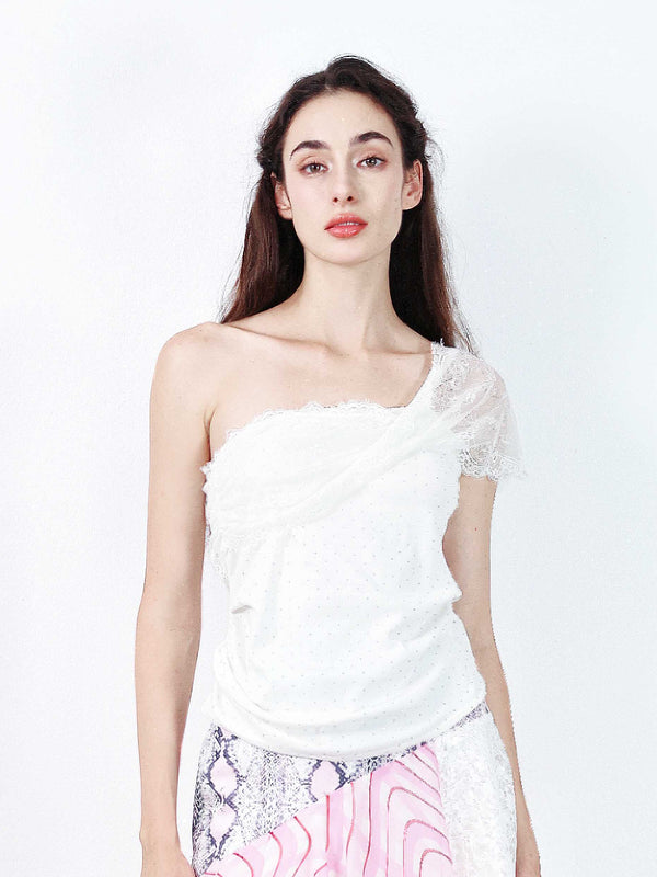 Bustier Slant Shoulder Patchwork Lace Top