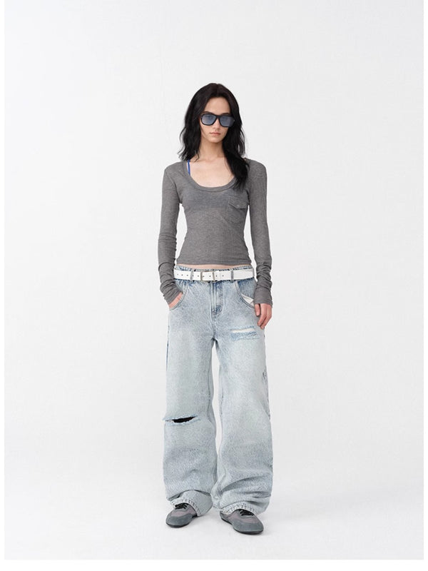 Ripped Lazy Light Blue Washed Jeans