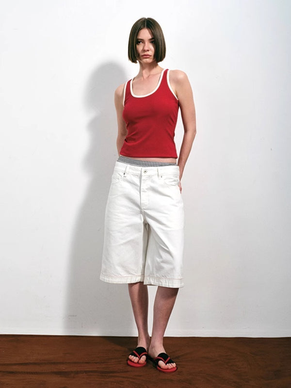 Vintage Casual Solid White Wide Leg Capri Pants