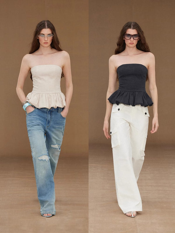 Pleated Bud Hem Elastic Tube Top