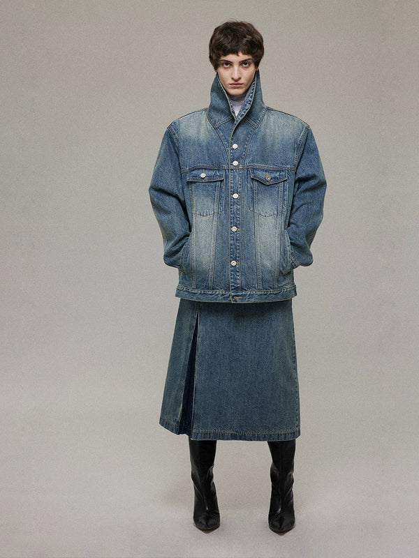 Curved Large Stand Collar Denim Jacket