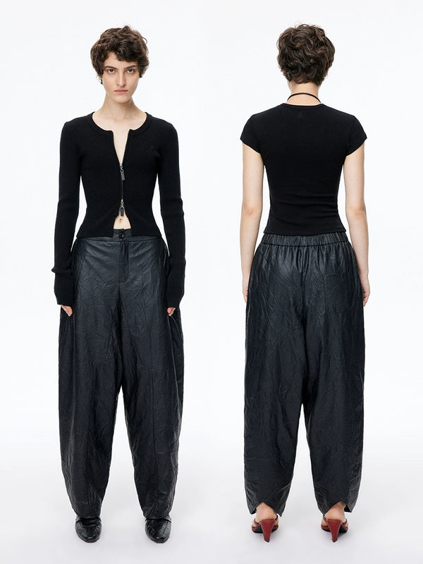 Textured Retro Nine-point Leather Carrot Pants