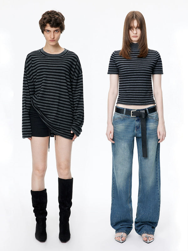 Wool Shoulder-length Striped Knitted Tops