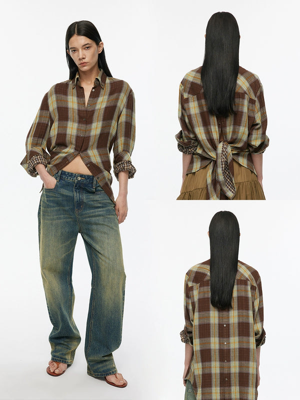 Double Placket Knotted Plaid Shirt