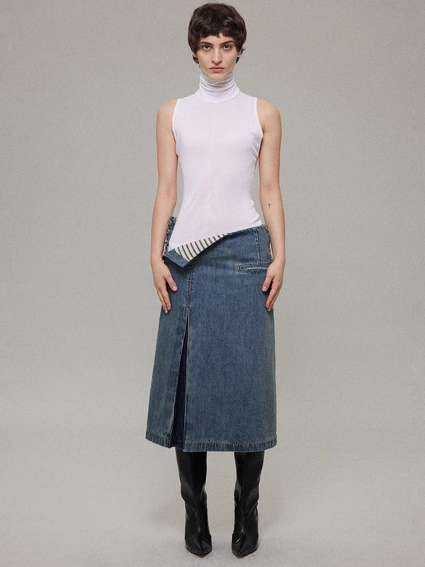 Side Pleat Denim Skirt