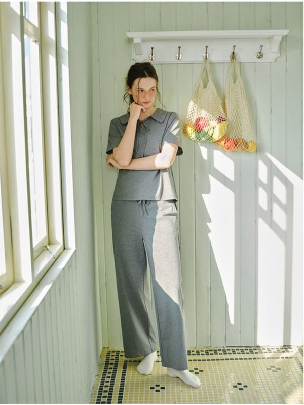 Light Gray Lapel Short-sleeved Loungewear Set