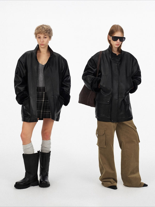 Retro H-shaped Mid-length Stand-up Collar PU Leather Jacket「NEW」