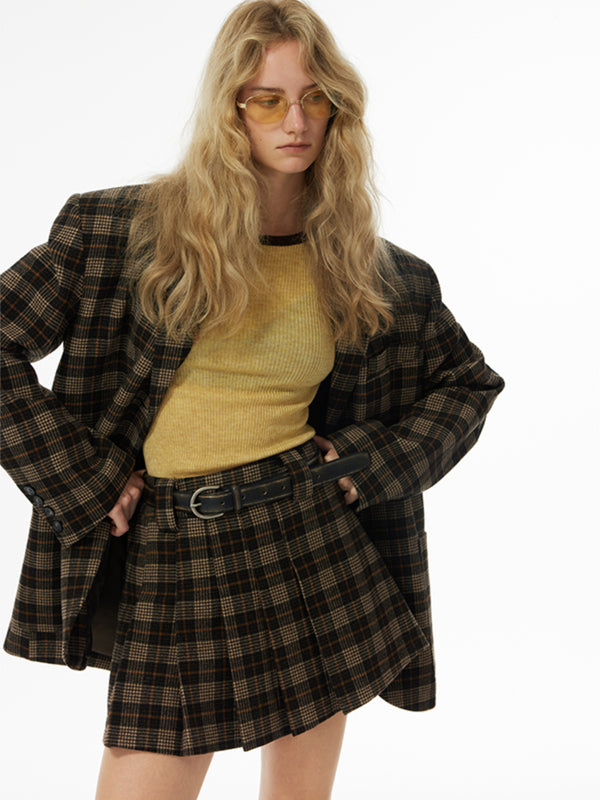 Vintage Plaid Wool Pleated Skirt