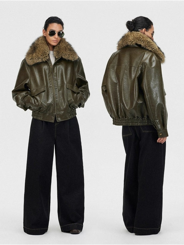 Eco-friendly Leather Pilot Jacket with Fur Collar「NEW」