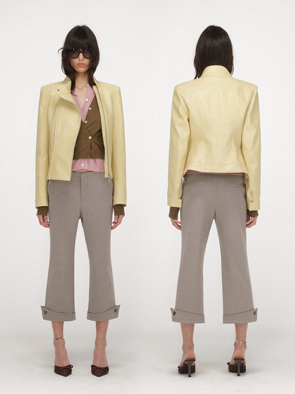 Double Zip Stand-up Collar Leather Jacket