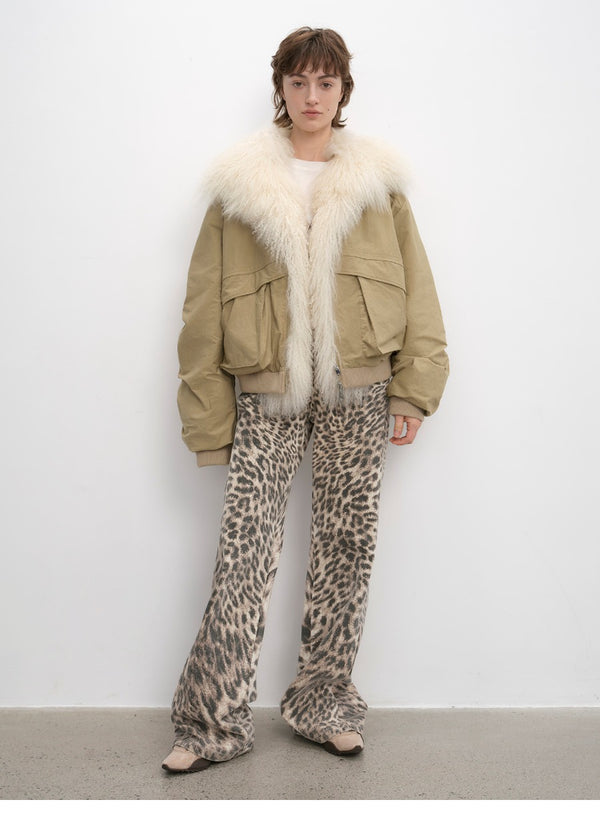 Khaki Goose Down Jacket with Wool Collar