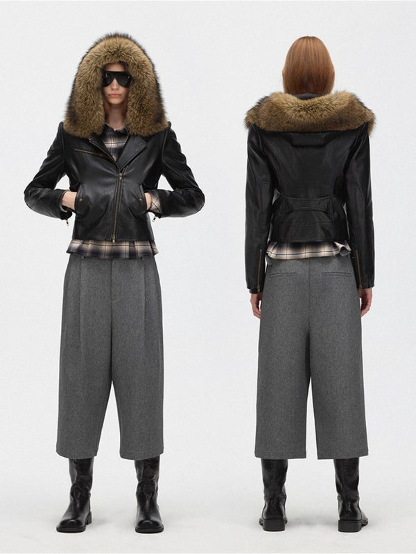 Faux Fur Hooded Slim Fit Moto Leather Jacket