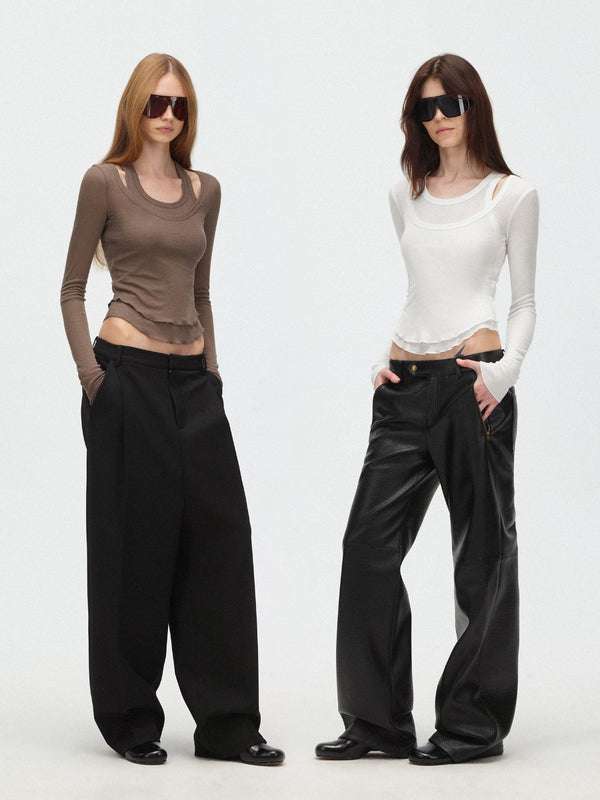 Sheer Ribbed U Neck Tank and Long Sleeve Two Piece Top Set