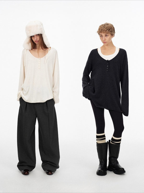 Henley Collar Cashmere Loose Top「NEW」