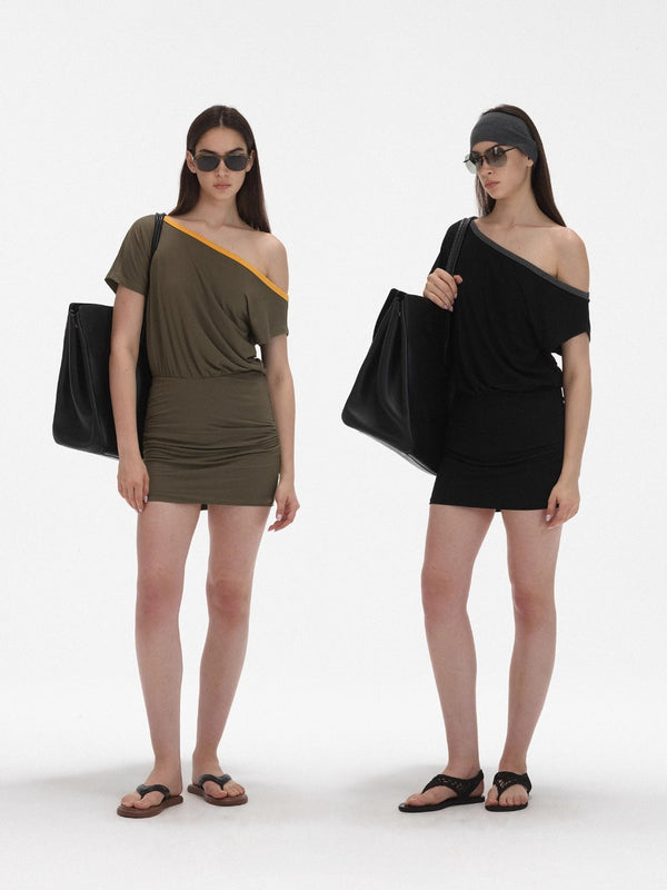 Slant Shoulder Contrasting Color Pleated Slim Dress Short Skirt
