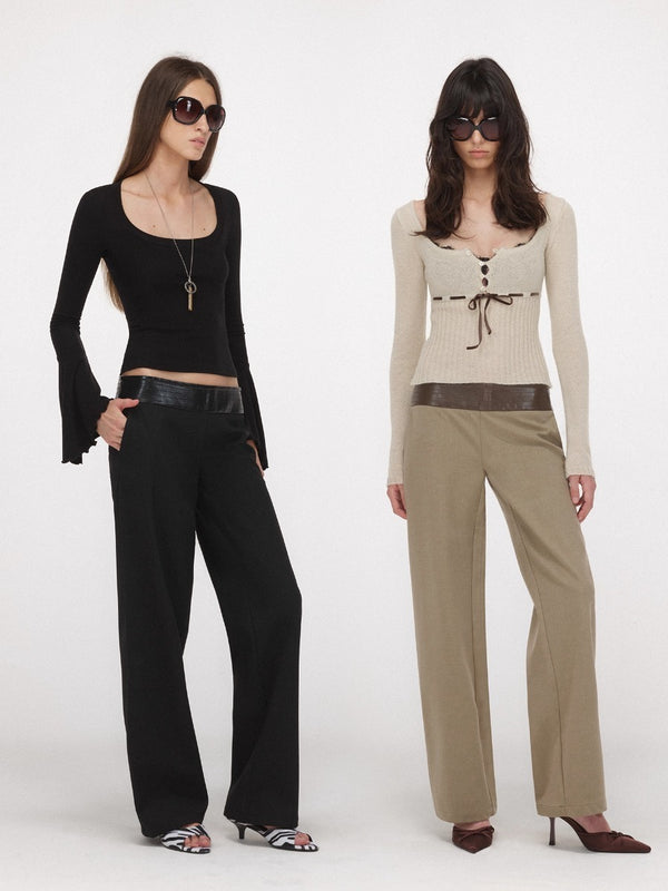 Leather Waistband Straight-leg Pants