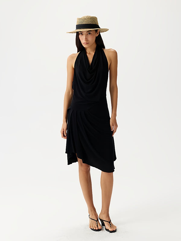 Backless Waisted Pleated Halter-neck Dress