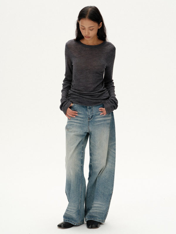 Textured Whiskered Washed Curved Blade Jeans「NEW」