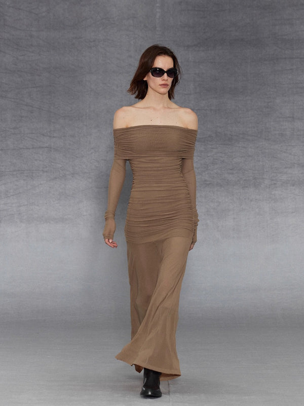 Sheer Mesh Off Shoulder Ruched Layered Dress