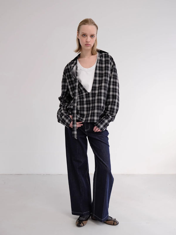 Black White Plaid Tie V Neck Multi Style Shirt