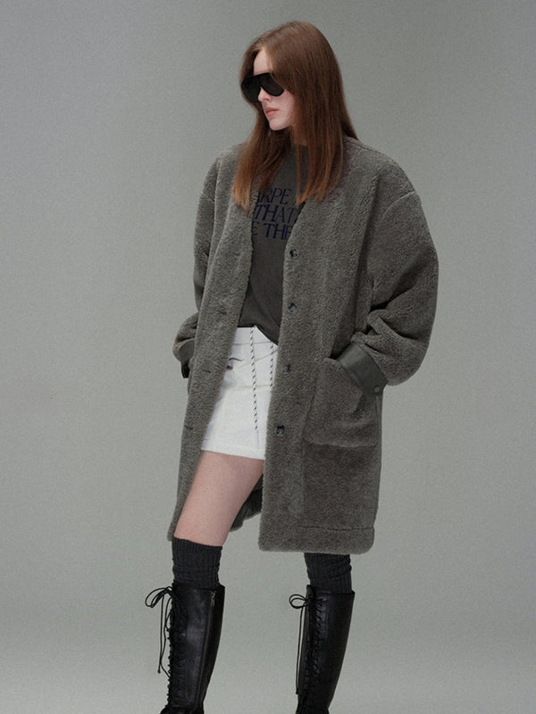 V-neck Suede Eco-friendly Fur Coat