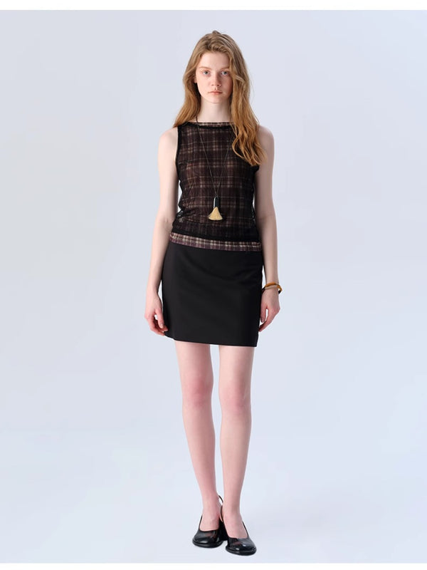 Mesh Plaid Sleeveless Fake Two-piece Vest Top