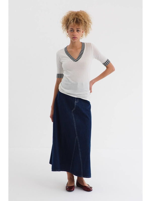 Retro Blue Denim Midi Skirt